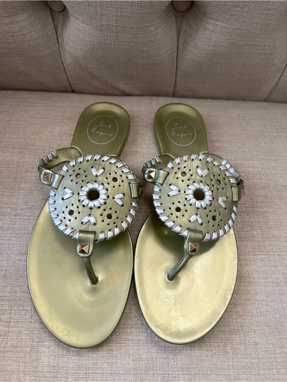 Jack Rogers Olive Green Metallic Medallion Thong Sandals